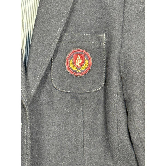 Abercrombie & Fitch Wool Blend Navy Sz Large Fitted Cropped Lined Blazer Crest - Picture 2 of 8
